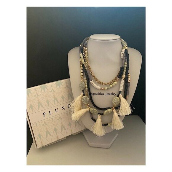 PLUNDER Izzy Necklace Neutral Color Beads Tassels - Picture 1 of 4